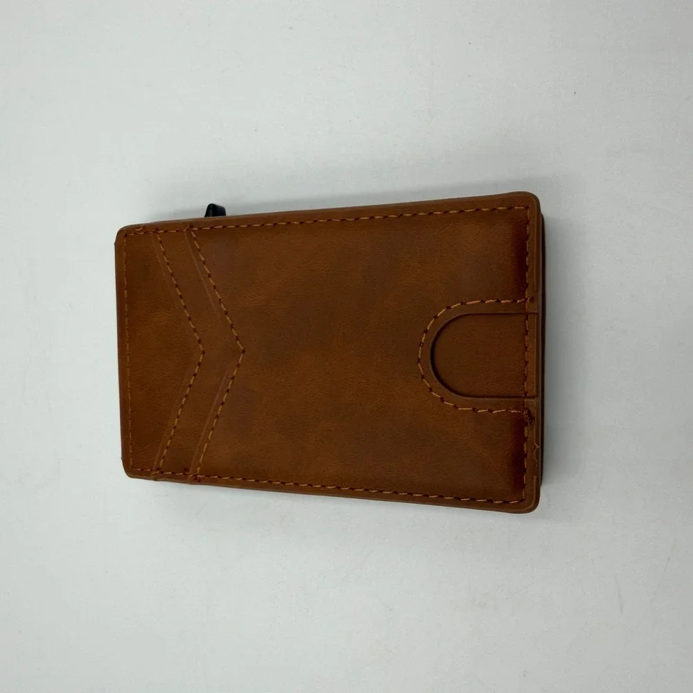 Brown Faux Leather Pop Up Credit Card Holder Minimalist Bifold Slider Wallet